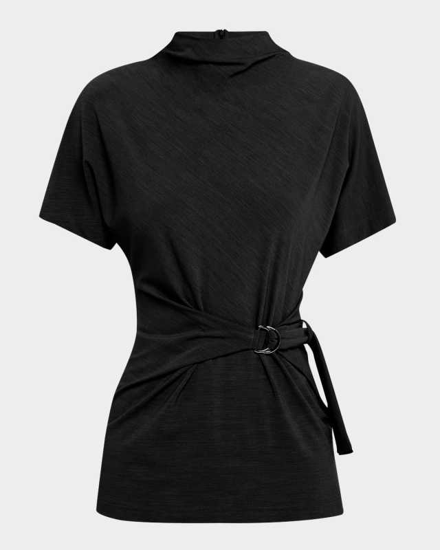 Mock-Neck Buckle Draped Jersey Top